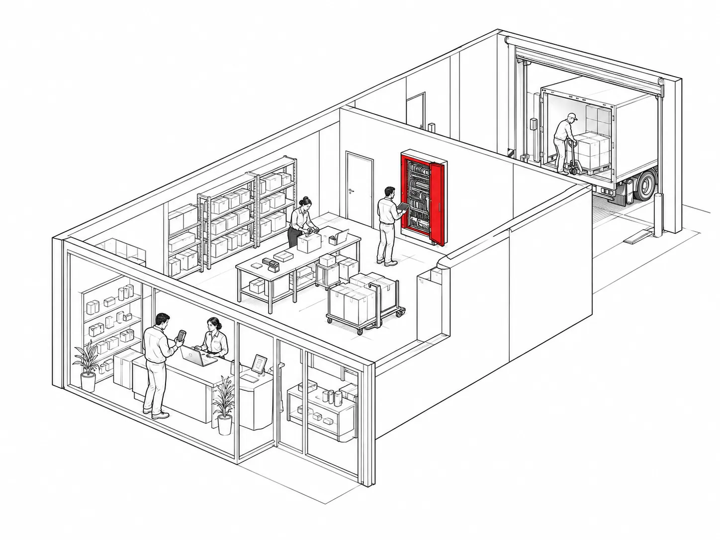 Line drawing of a cutaway building showing a showroom, a packing area, a loading dock and a network cabinet.