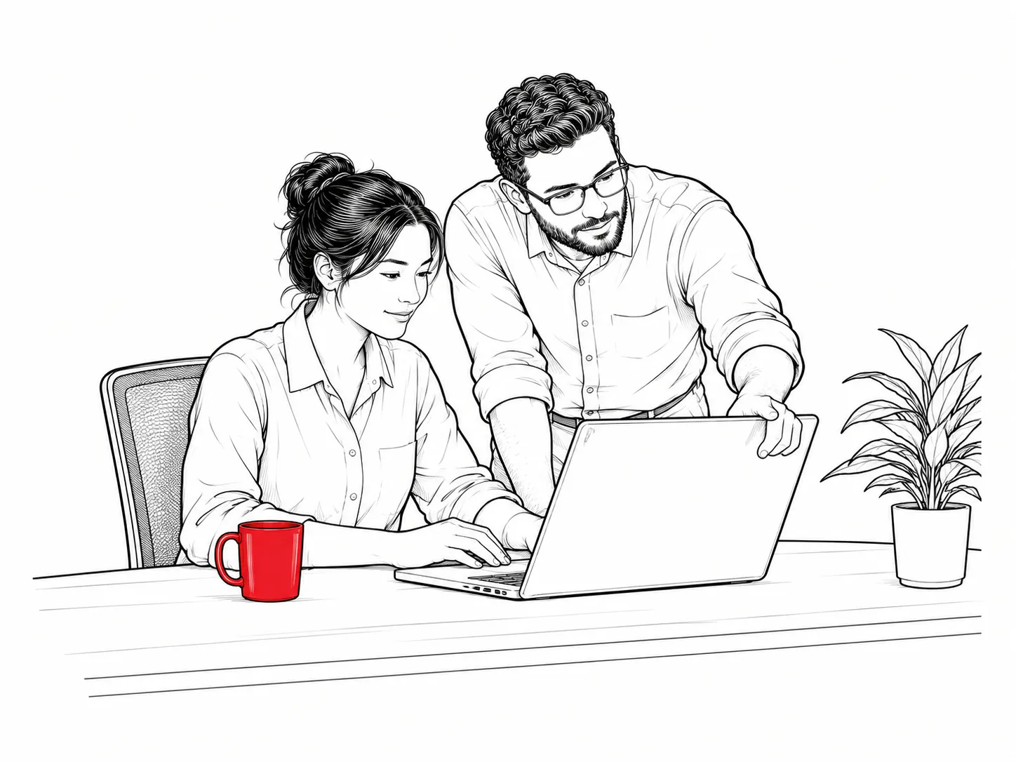Line drawing of one developer leaning over to point at a colleague's screen at a shared desk.