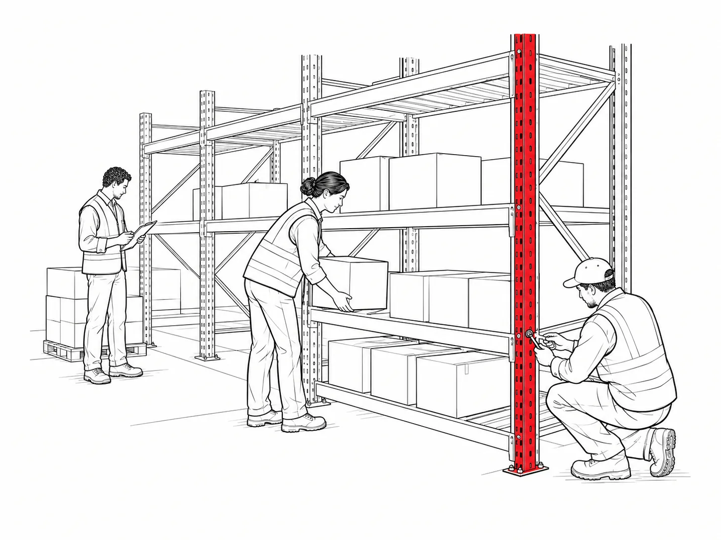 Line drawing of staff stocking the first shelves of a newly built warehouse racking frame.