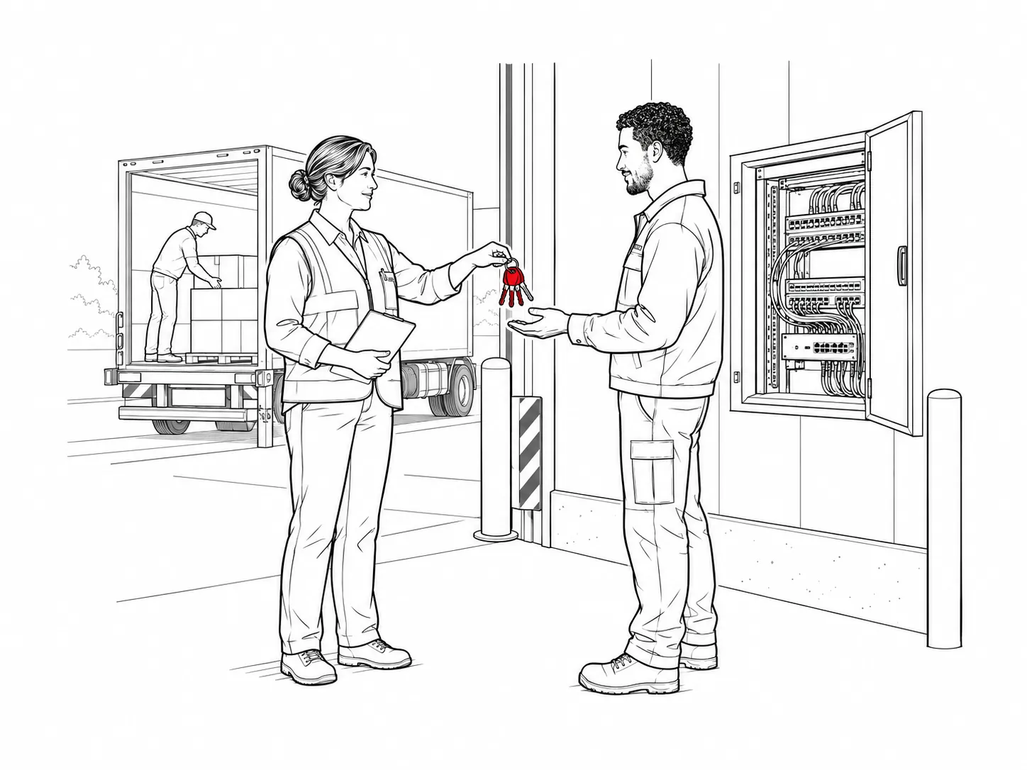 Line drawing of a warehouse manager handing a ring of keys to a technician beside an open network cabinet at a loading dock.