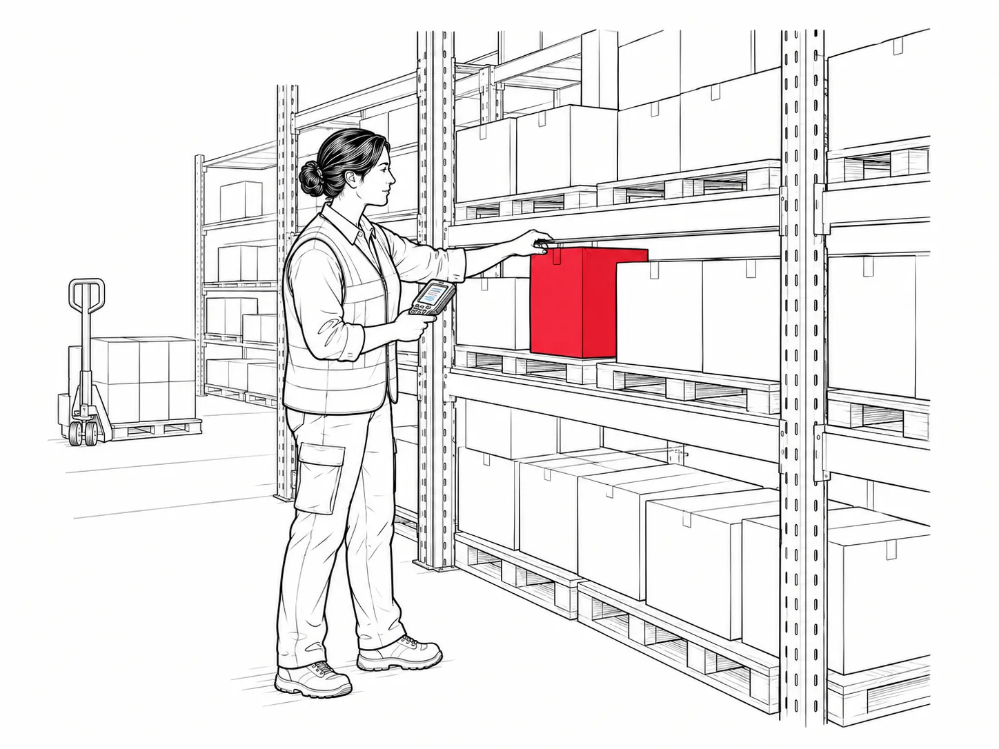 Line drawing of a stock picker with a handheld scanner reaching for one box among many similar ones.
