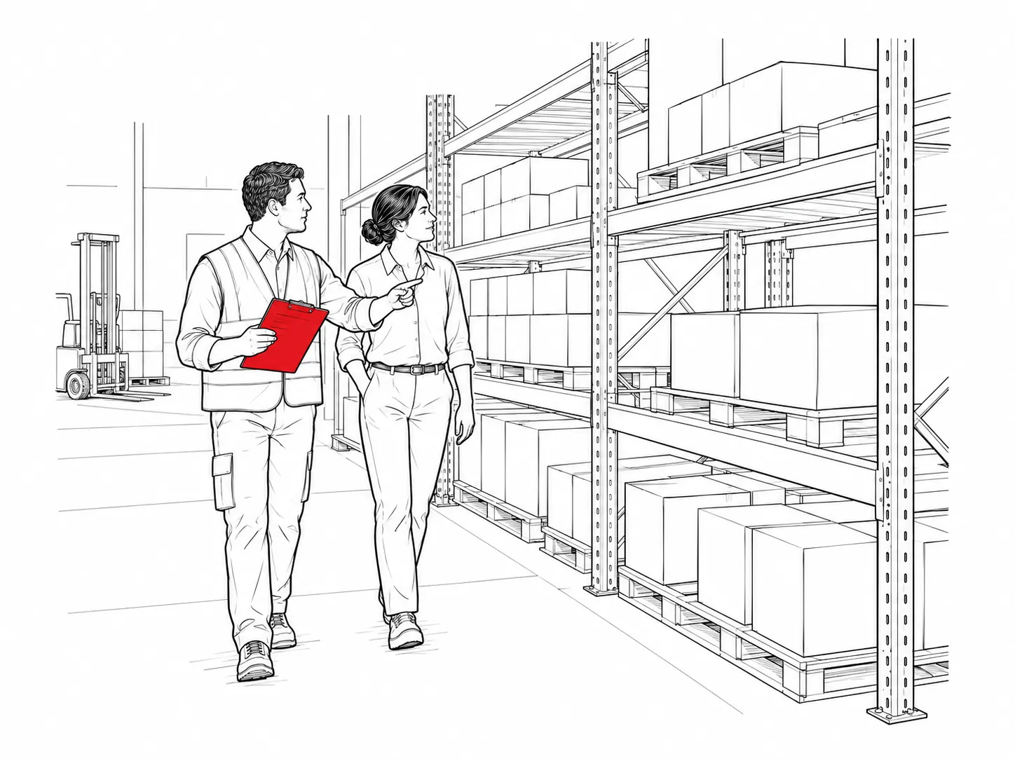 Line drawing of a technician with a clipboard walking a store owner through their warehouse.