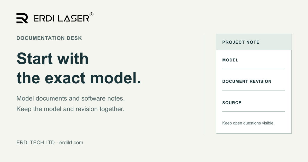 ERDI LASER logo and “Start with the exact model.” beside an illustrated blank project note with Model, Document revision and Source fields. Cover for the ERDILRF Documentation Desk.