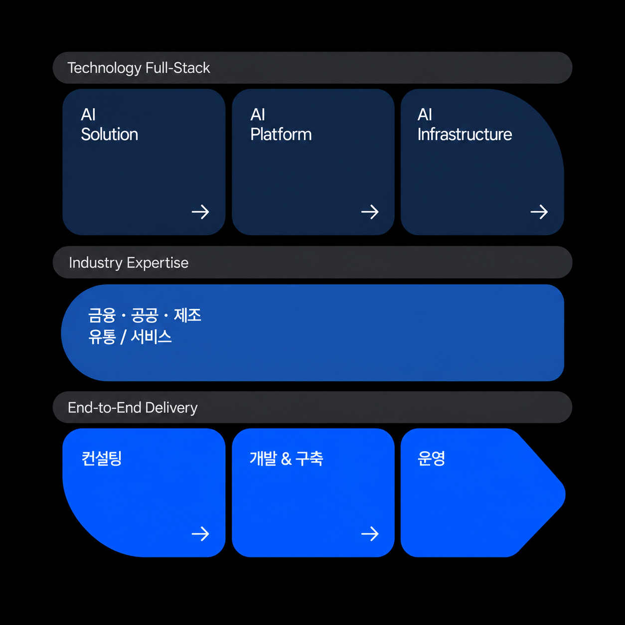 Technology Full-Stack: AI Solution, AI Platform, AI Infrastructure. Industry Expertise: 금융, 공공, 제조, 유통 및 서비스. End-to-End Delivery: 컨설팅, 개발 및 구축, 운영.