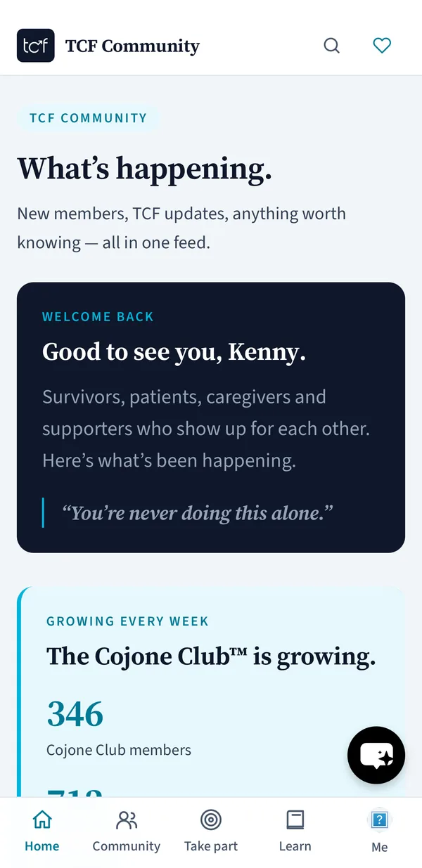 TCF Community app home feed welcoming a member back, with Cojone Club member count