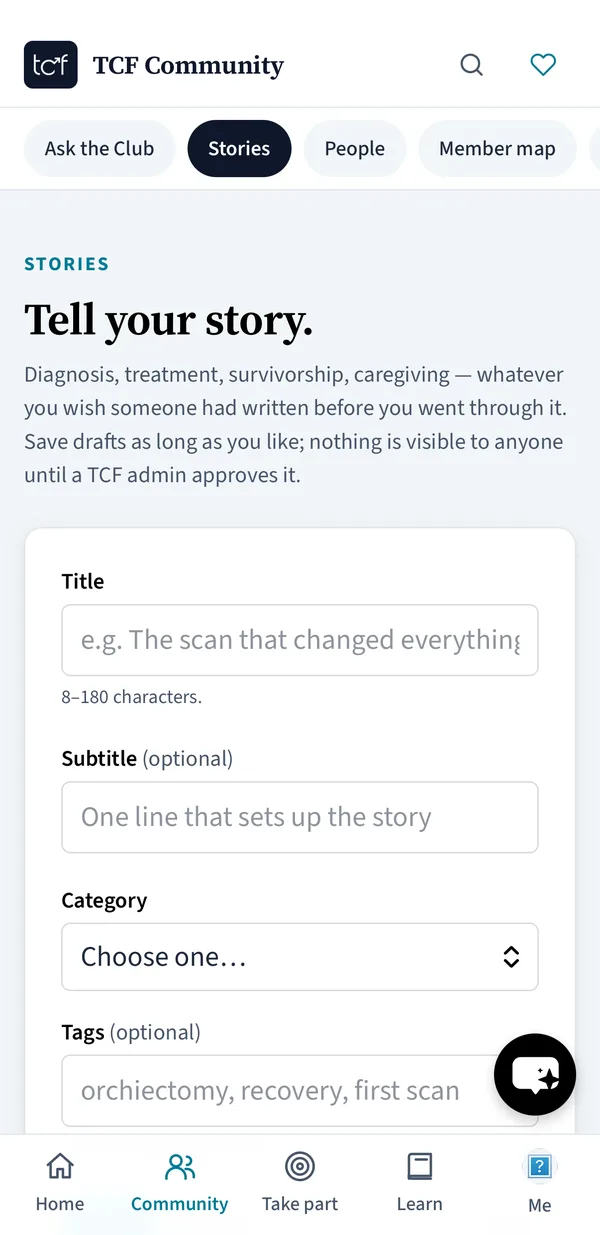 Tell your story form in the TCF Community app with title, subtitle, category and tags