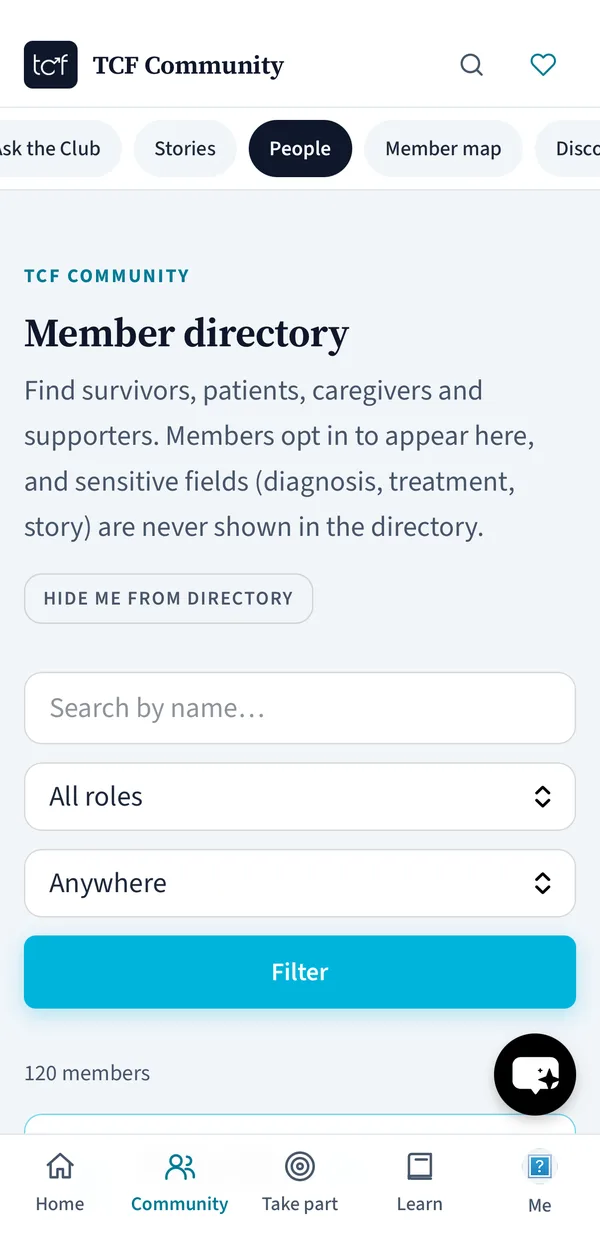 Member directory in the TCF Community app with search, role and location filters