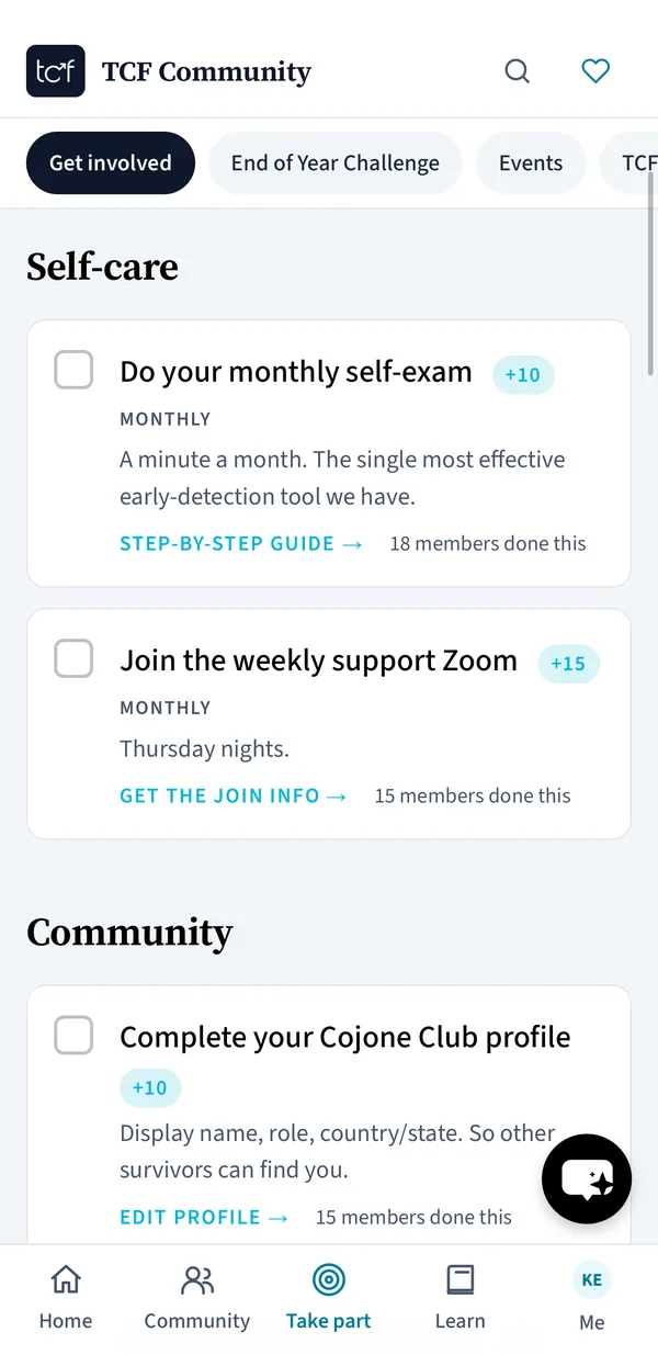 Get involved checklist in the TCF Community app with monthly self-exam and weekly Zoom tasks