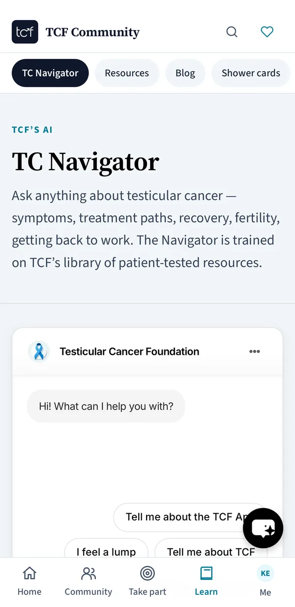 TC Navigator AI chat in the TCF Community app with suggested questions