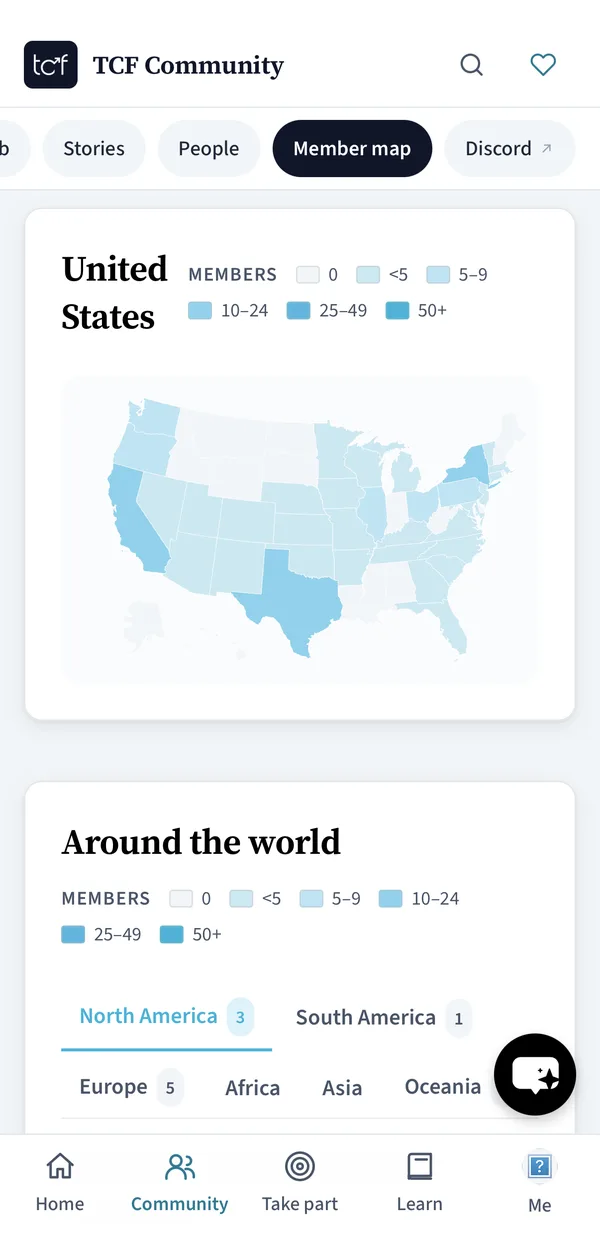 Member map in the TCF Community app shading US states by number of members