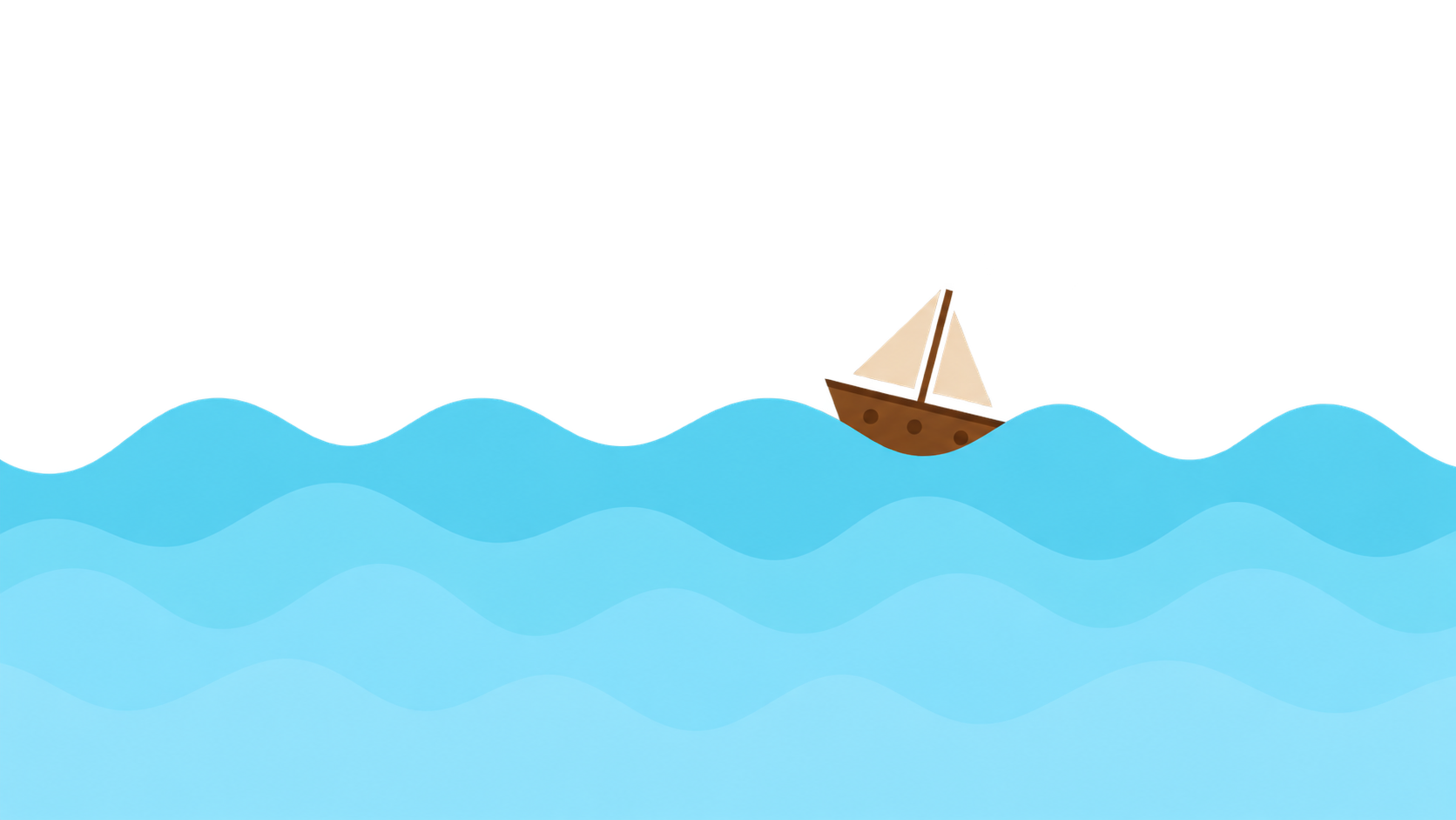 Playful illustration of a small sailboat floating on layered blue ocean waves.