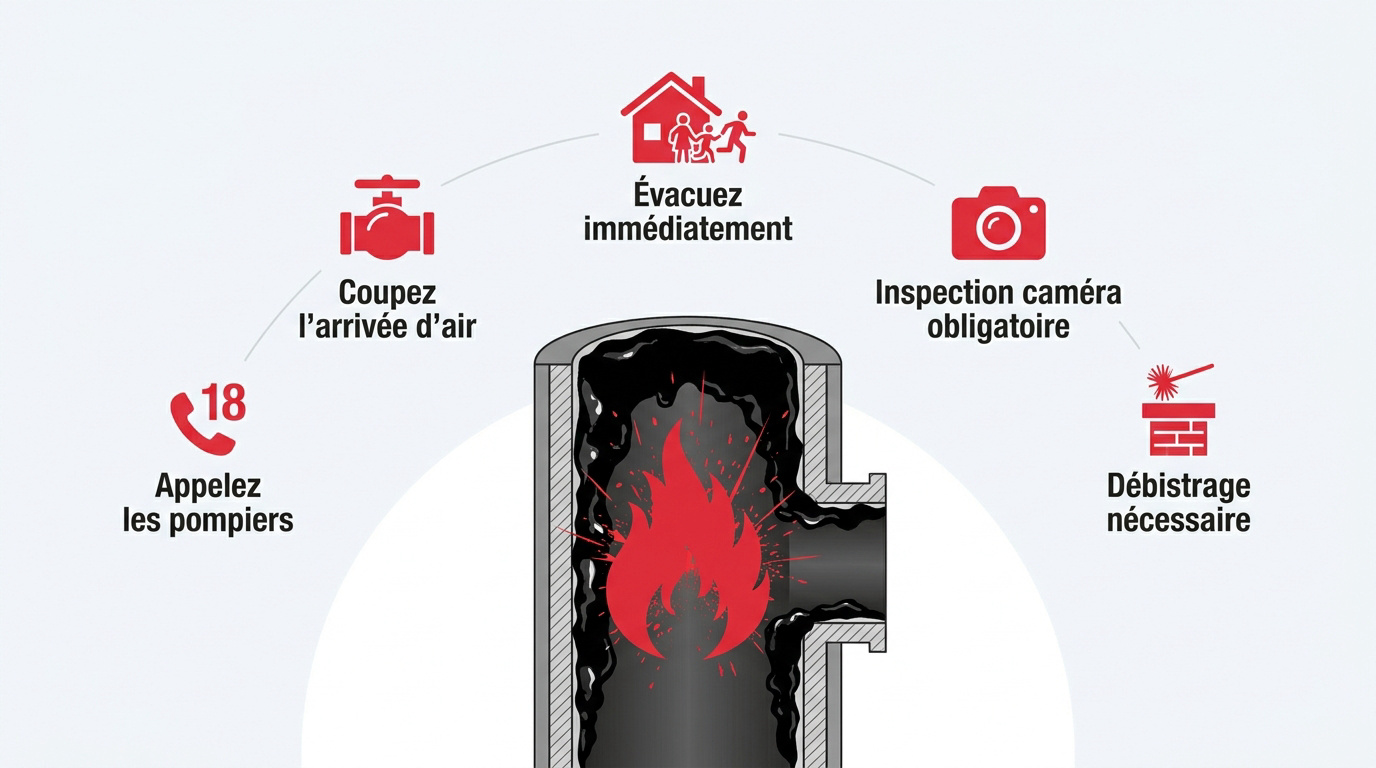 Infographie des réflexes en cas de feu de cheminée : appeler les pompiers, couper l'arrivée d'air, évacuer, puis faire contrôler le conduit
