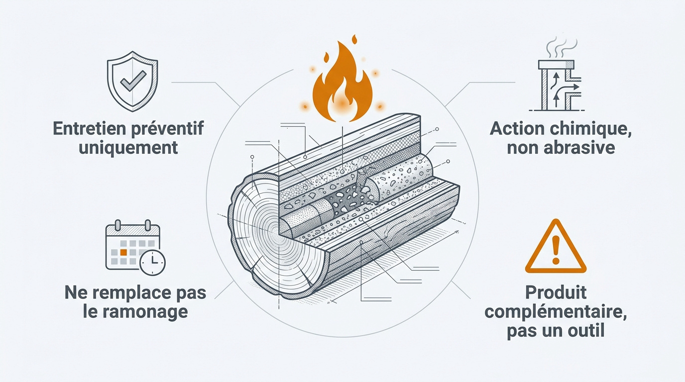 Infographie sur la bûche de ramonage : entretien préventif uniquement, action chimique non abrasive, ne remplace pas le ramonage, produit complémentaire