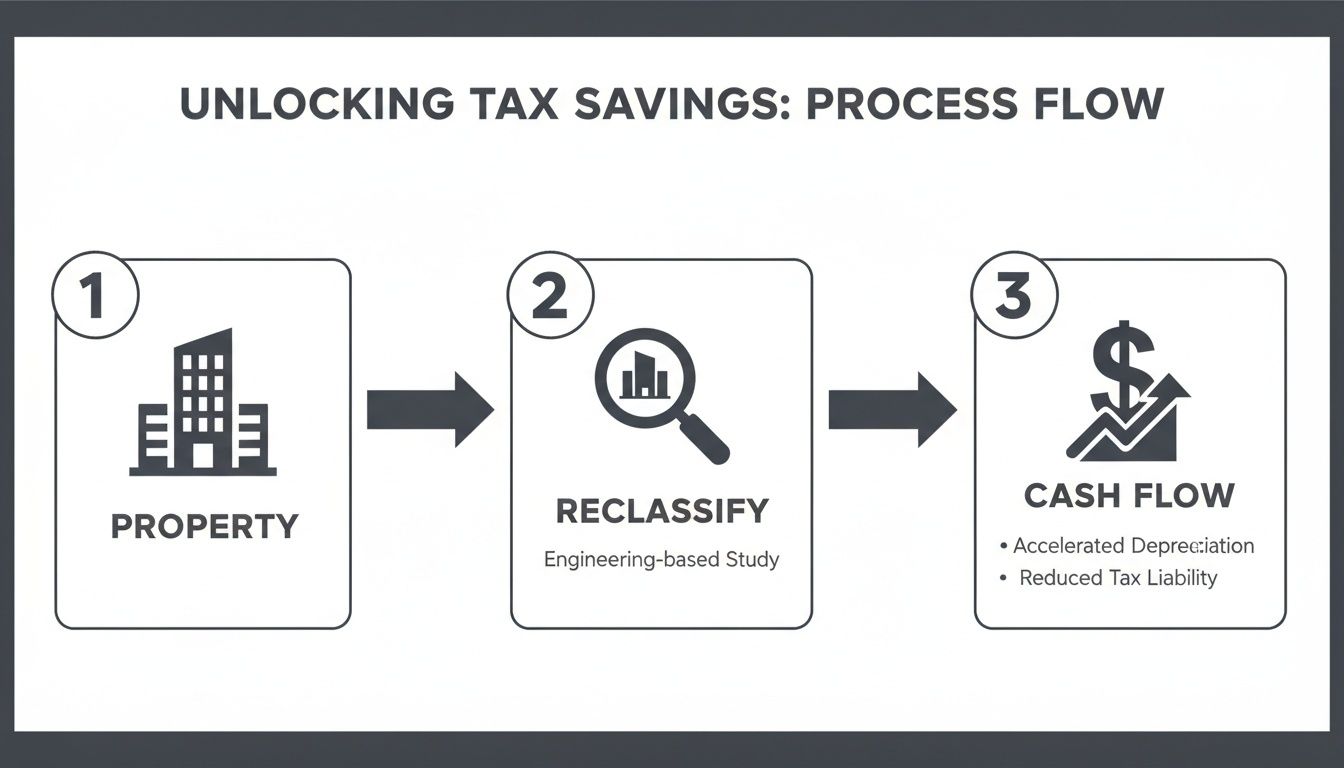 A three-step process flow diagram illustrating unlocking tax savings through property reclassification.