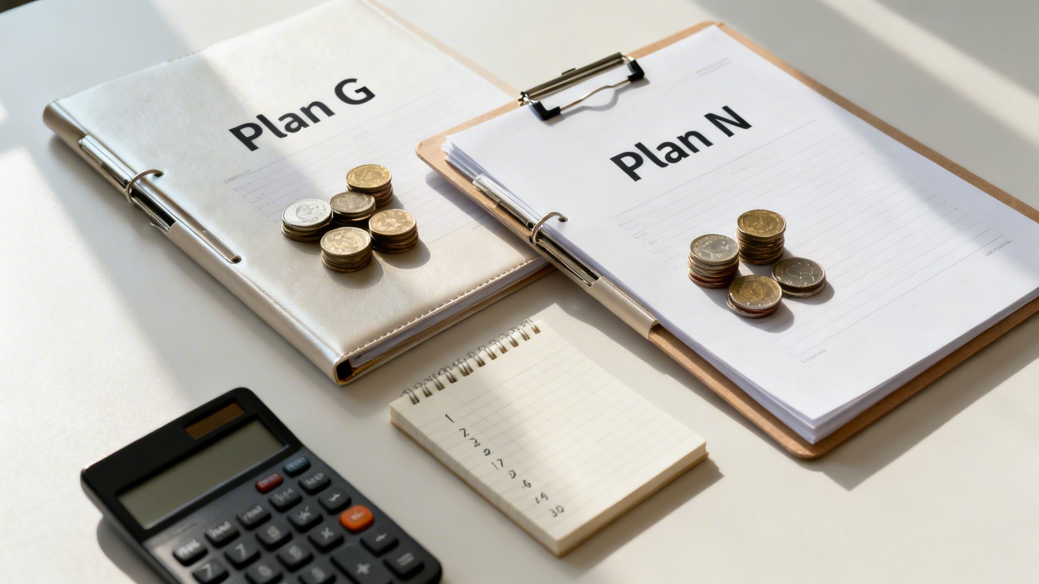 Two plans (G and N) with coin stacks, calculator, and notebook on a white desk.
