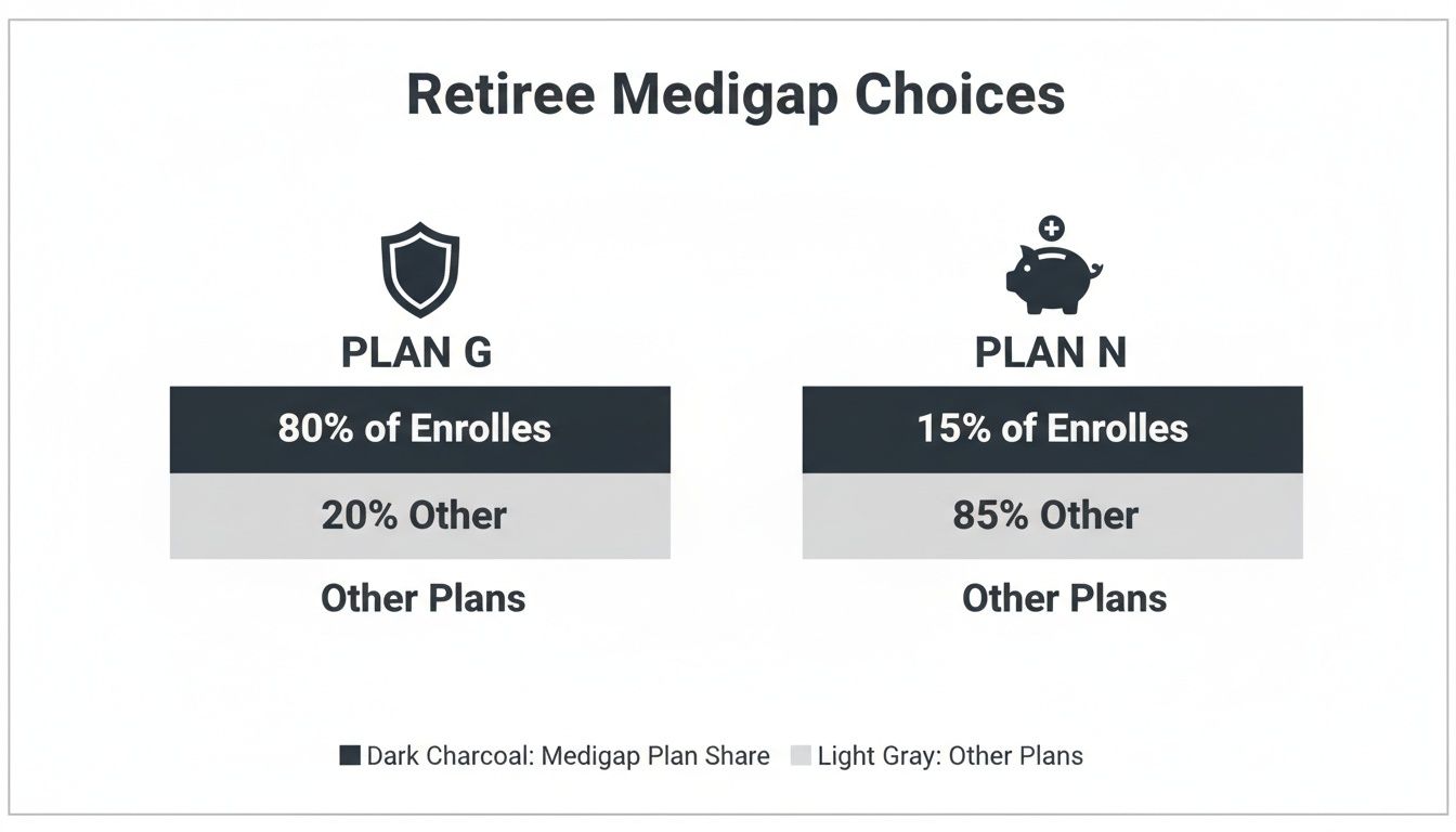 Infographic comparing retiree Medigap Plan G (80% enrollees) and Plan N (15% enrollees) with other plans.