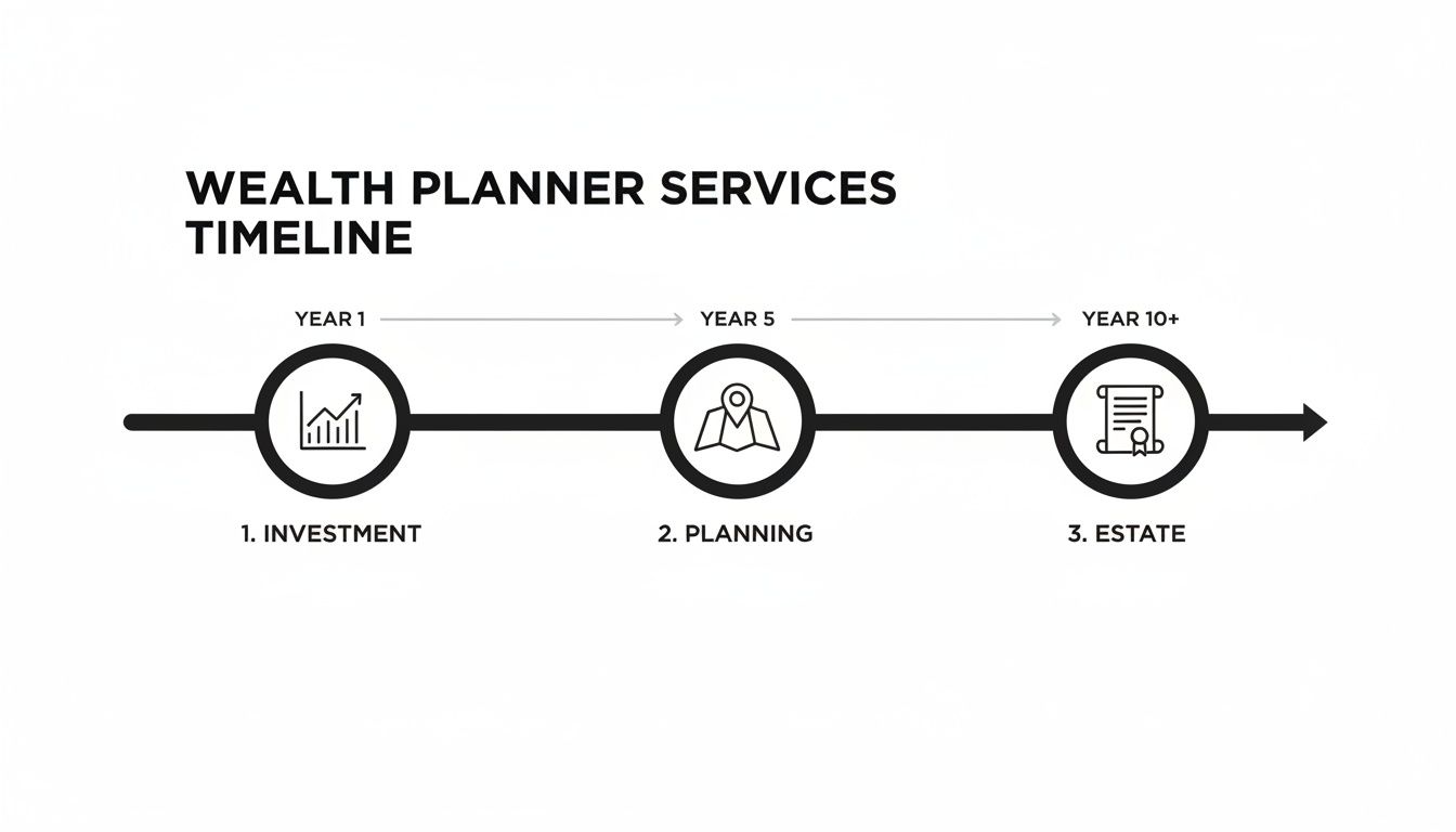 A wealth planner services timeline showing key stages: Year 1 Investment, Year 5 Planning, and Year 10+ Estate.