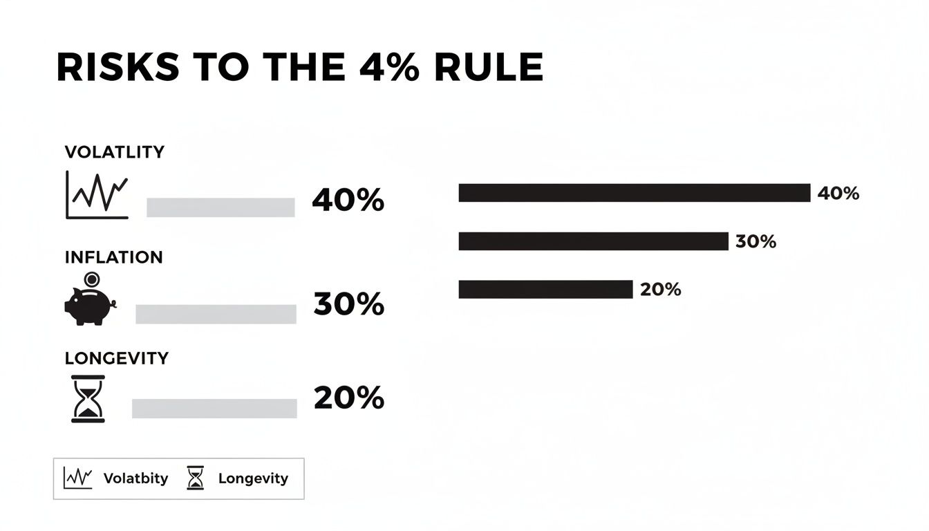 Bar chart displaying the top risks to the 4% rule: volatility (40%), inflation (30%), and longevity (20%).