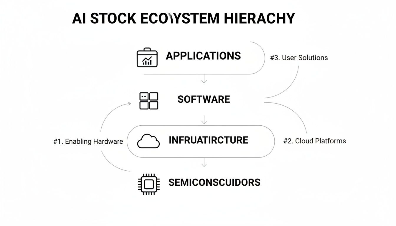 A diagram illustrating the AI stock ecosystem hierarchy, from semiconductors to applications.