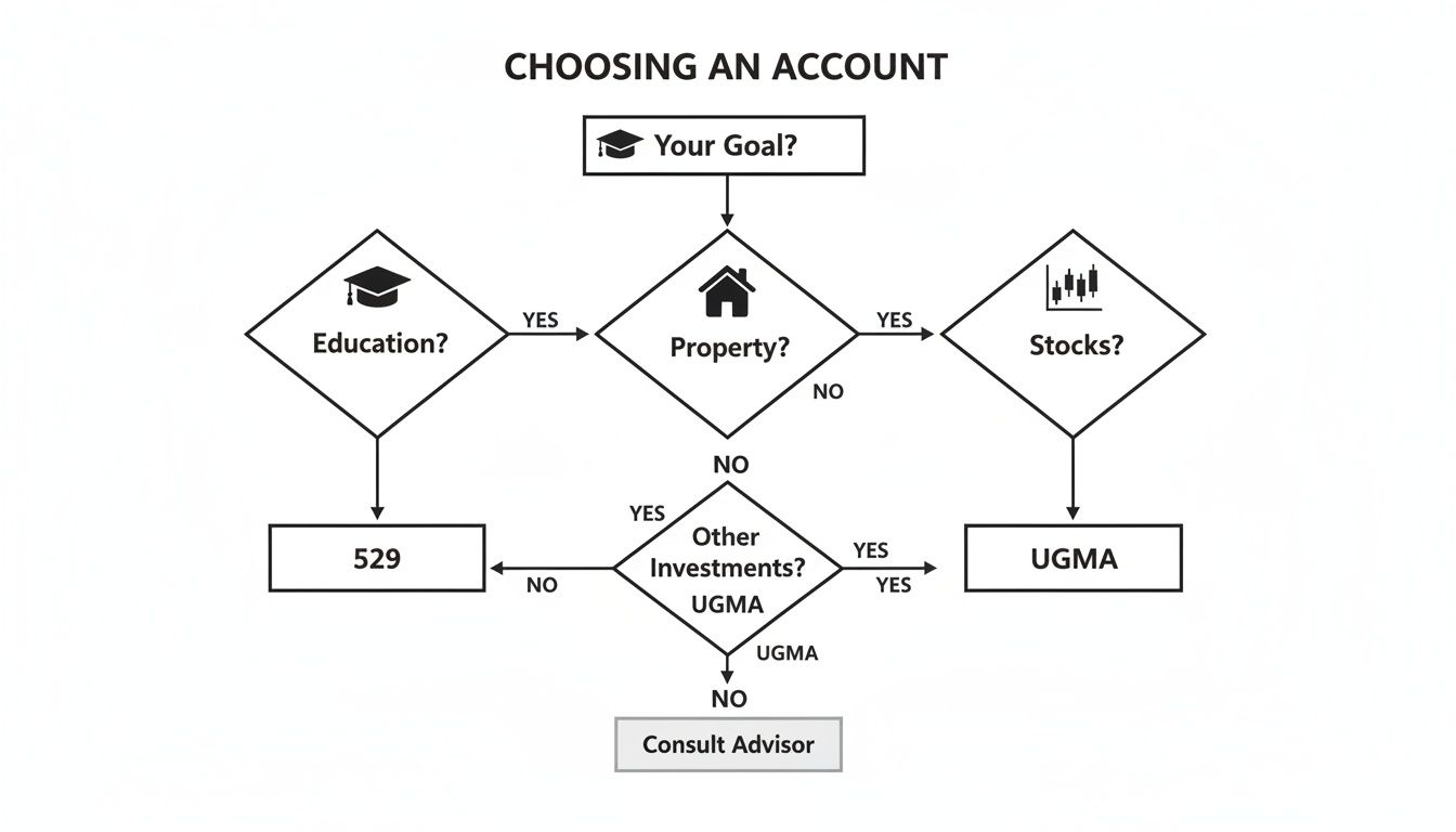 Flowchart guiding the selection of a financial account based on goals like education, property, stocks, or other investments.