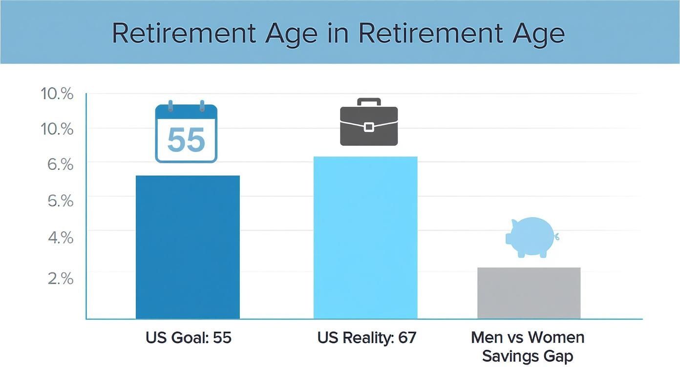 An infographic showing a bar chart on retirement age goals versus reality, and the savings gap between men and women.