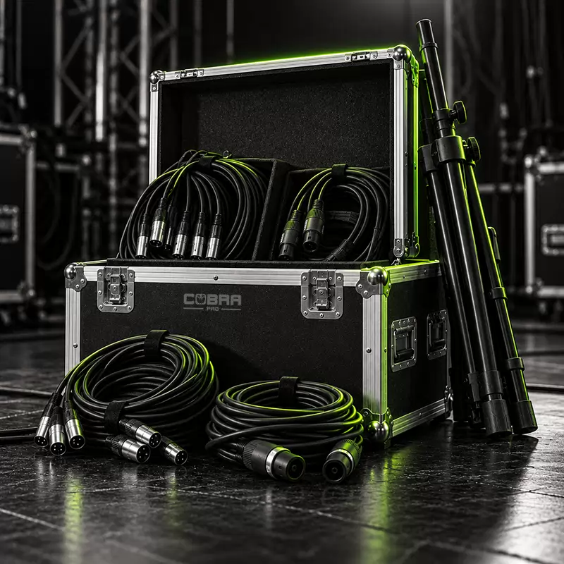 Cobra Pro flight case with coiled XLR and Speakon cables