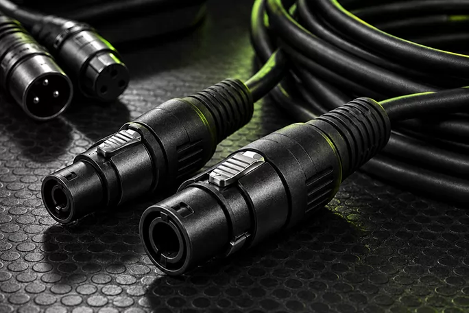 Close-up of professional speaker cable plugs and audio connectors