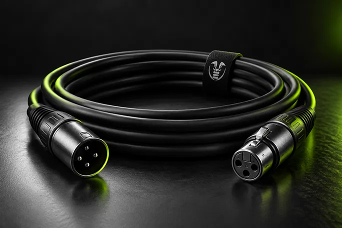 Coiled black XLR microphone cables with male and female connectors on a flight case lid