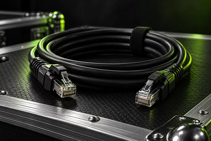 Coiled black Cat6 ethernet cable with rugged RJ45 connectors