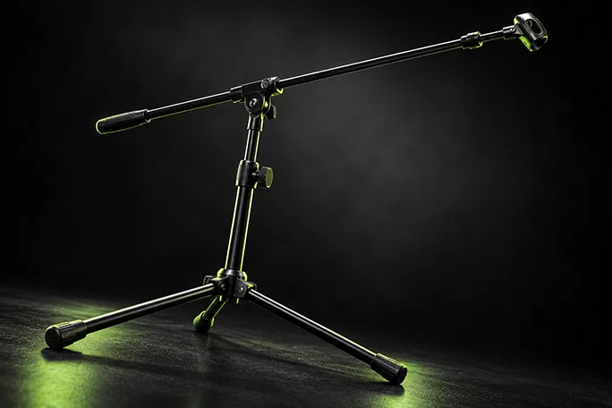 Black boom microphone stand with extended arm and tripod base