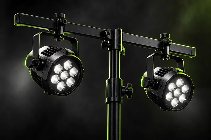 Lighting stand T-bar crossbar holding two compact LED stage lights