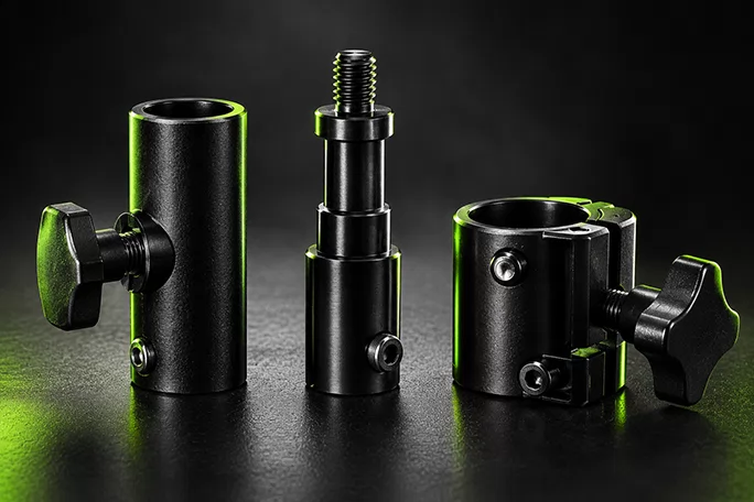 Speaker stand adapters and 35 mm pole mounts in black metal