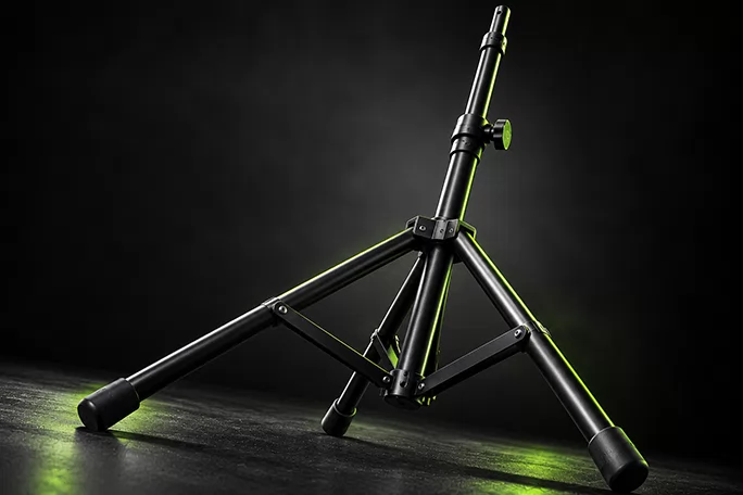 Black tripod speaker stand with telescopic tube and locking knob