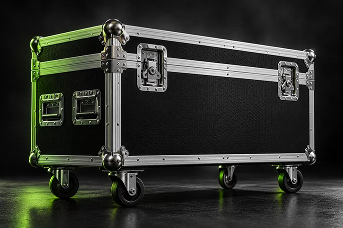 Aluminium flight case on castor wheels with butterfly latches and ball corners
