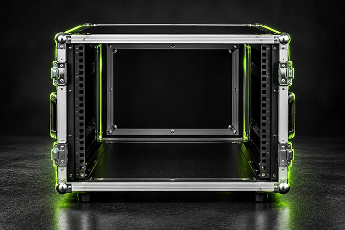 Open 19-inch rack flight case with empty rack rails and aluminium edges