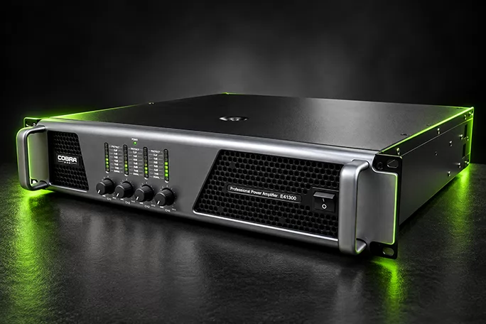 2U rack-mount class D power amplifier front panel with level knobs