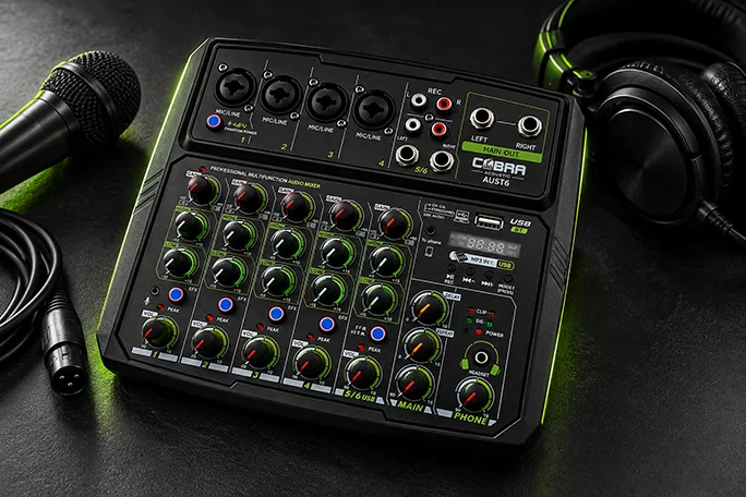 USB broadcast mini mixer with headphones on a desk