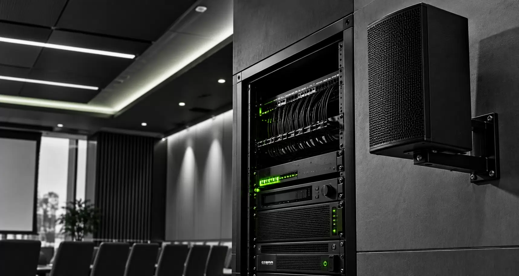 Wall-mounted speaker and patched rack cabinet in a fixed installation