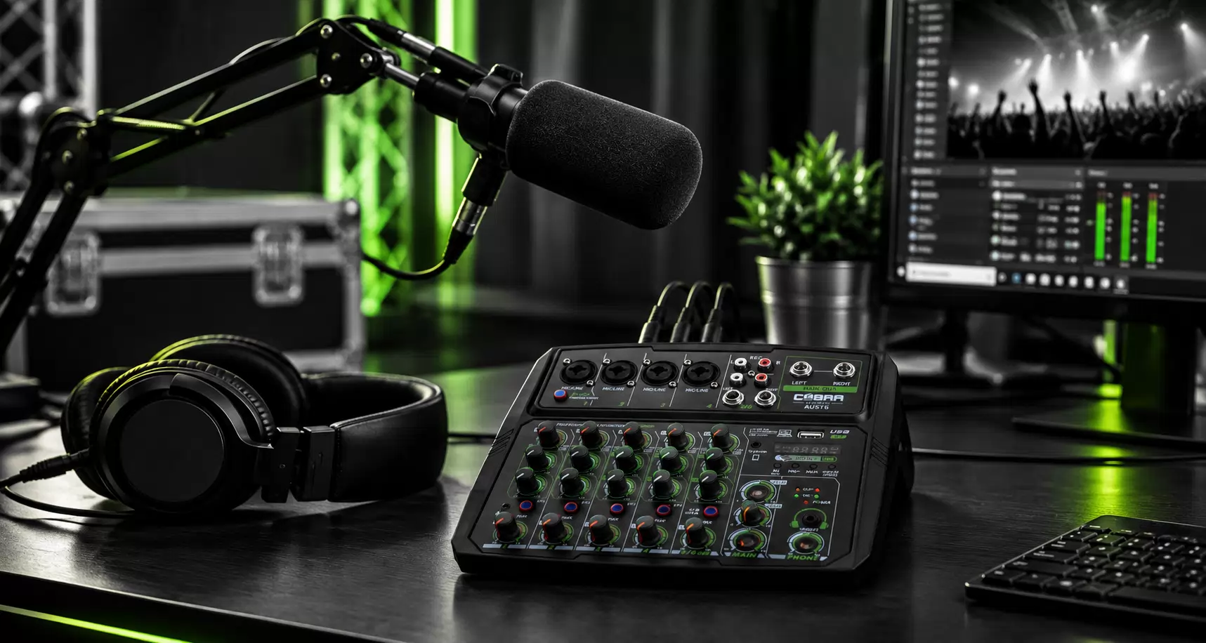 Streaming desk with USB mixer, boom microphone and headphones
