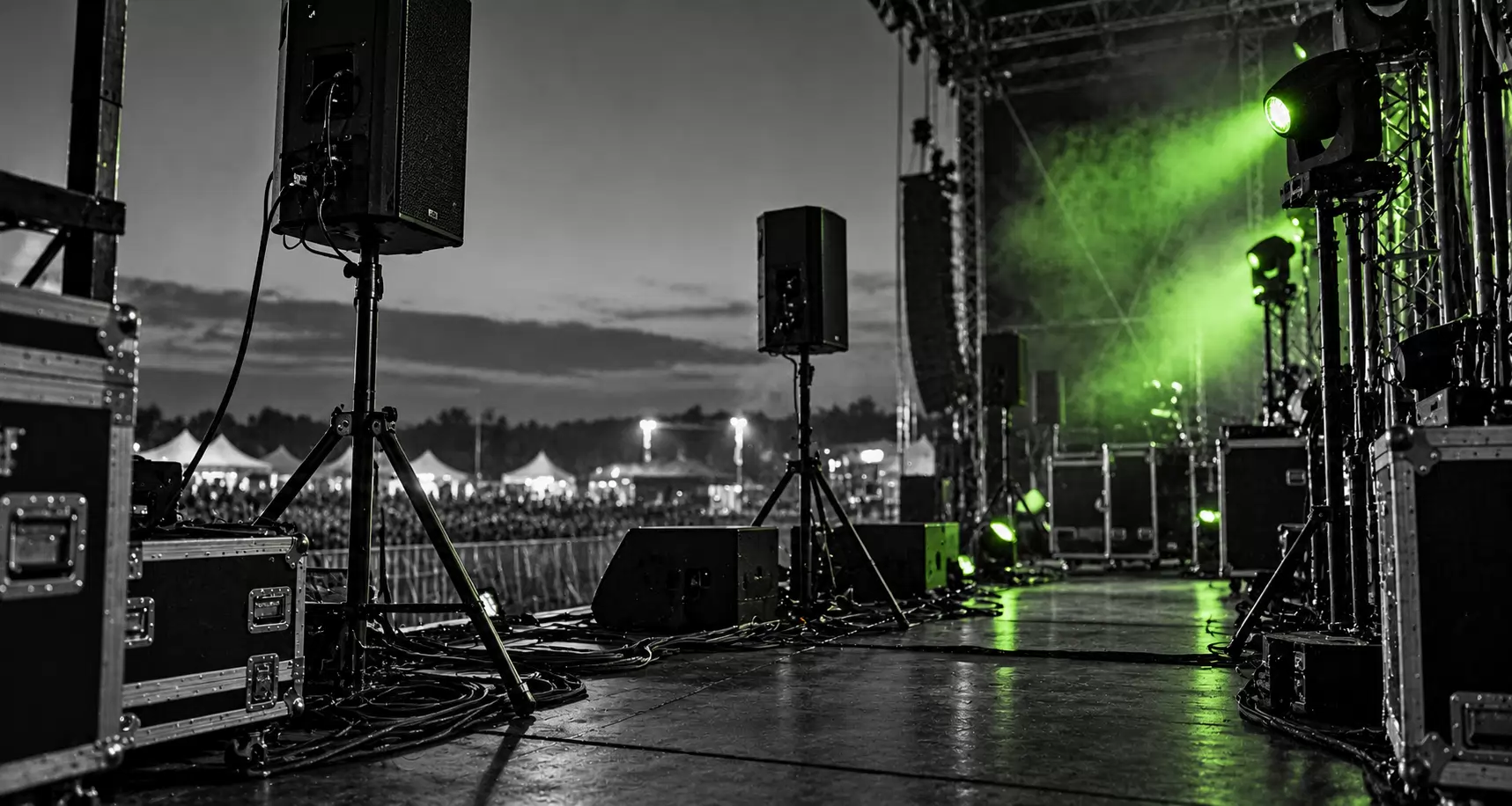 Festival stage with speaker stands, lighting stands and cable runs
