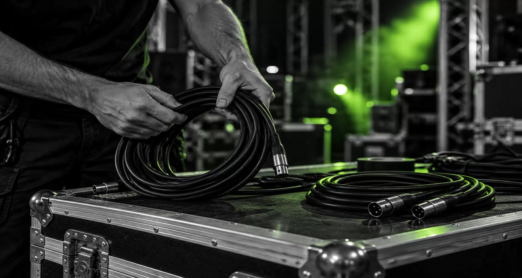 Technician coiling an XLR cable on a flight case backstage