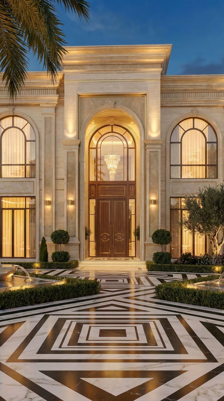 Front view of the double-height arched entrance