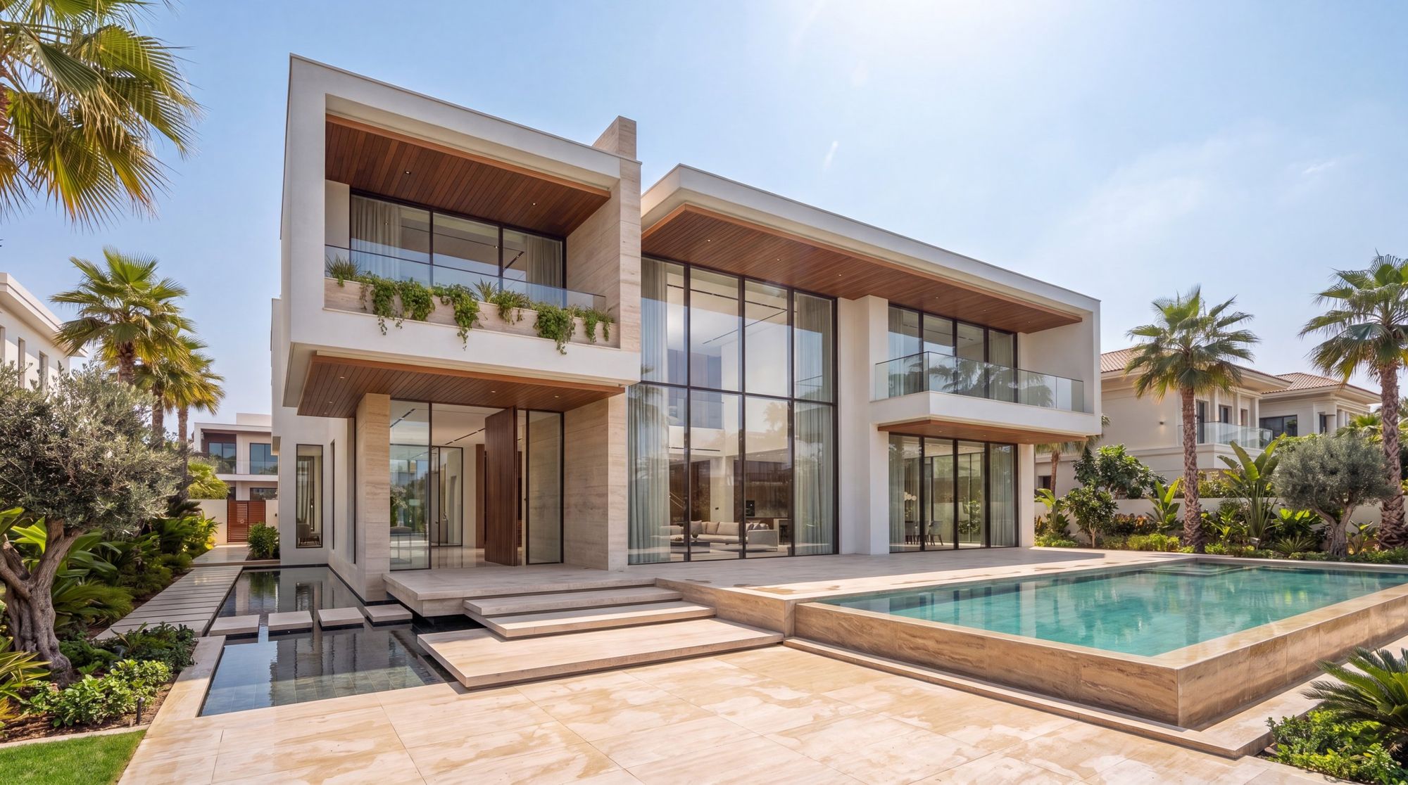 Modern villa in daylight with reflecting pool and travertine terrace
