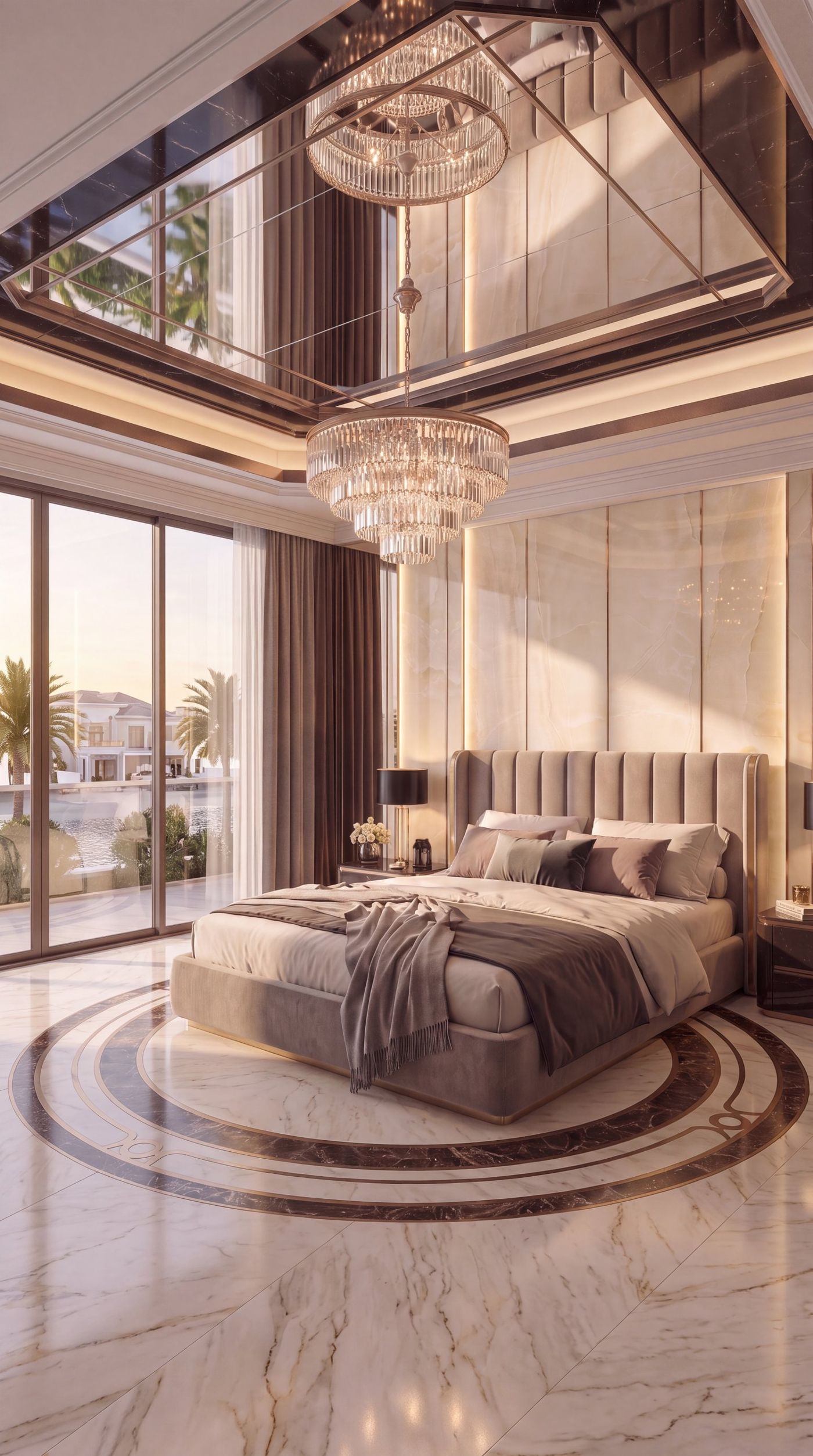Master bedroom with window view and marble floor inlay