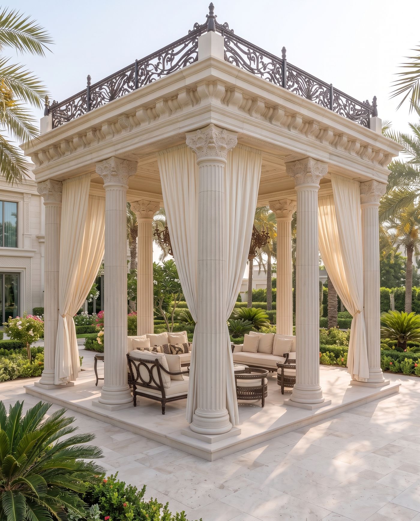 Pavilion with curtains in the formal garden