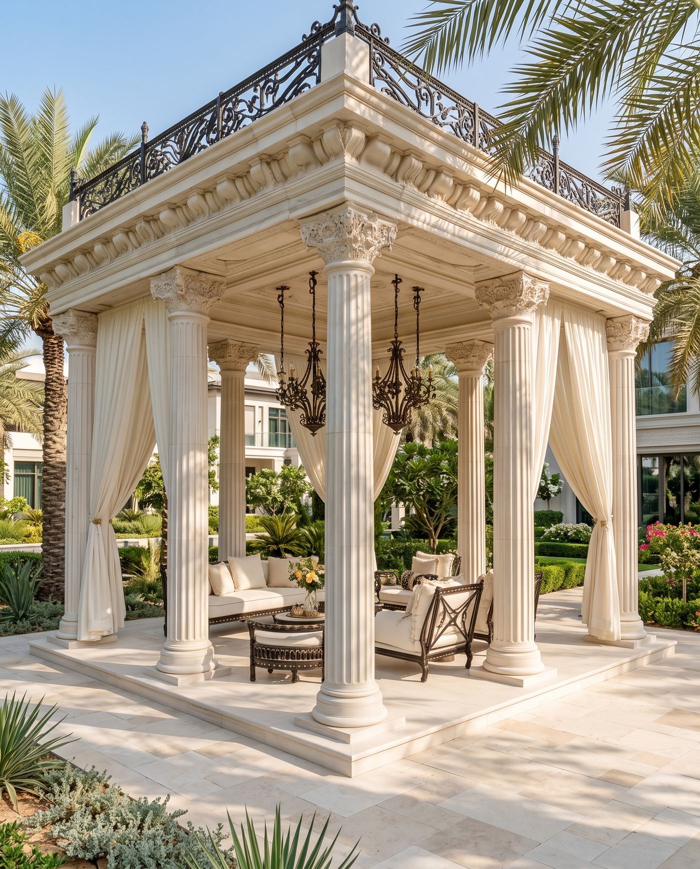 Corner view of the pavilion columns and cornice