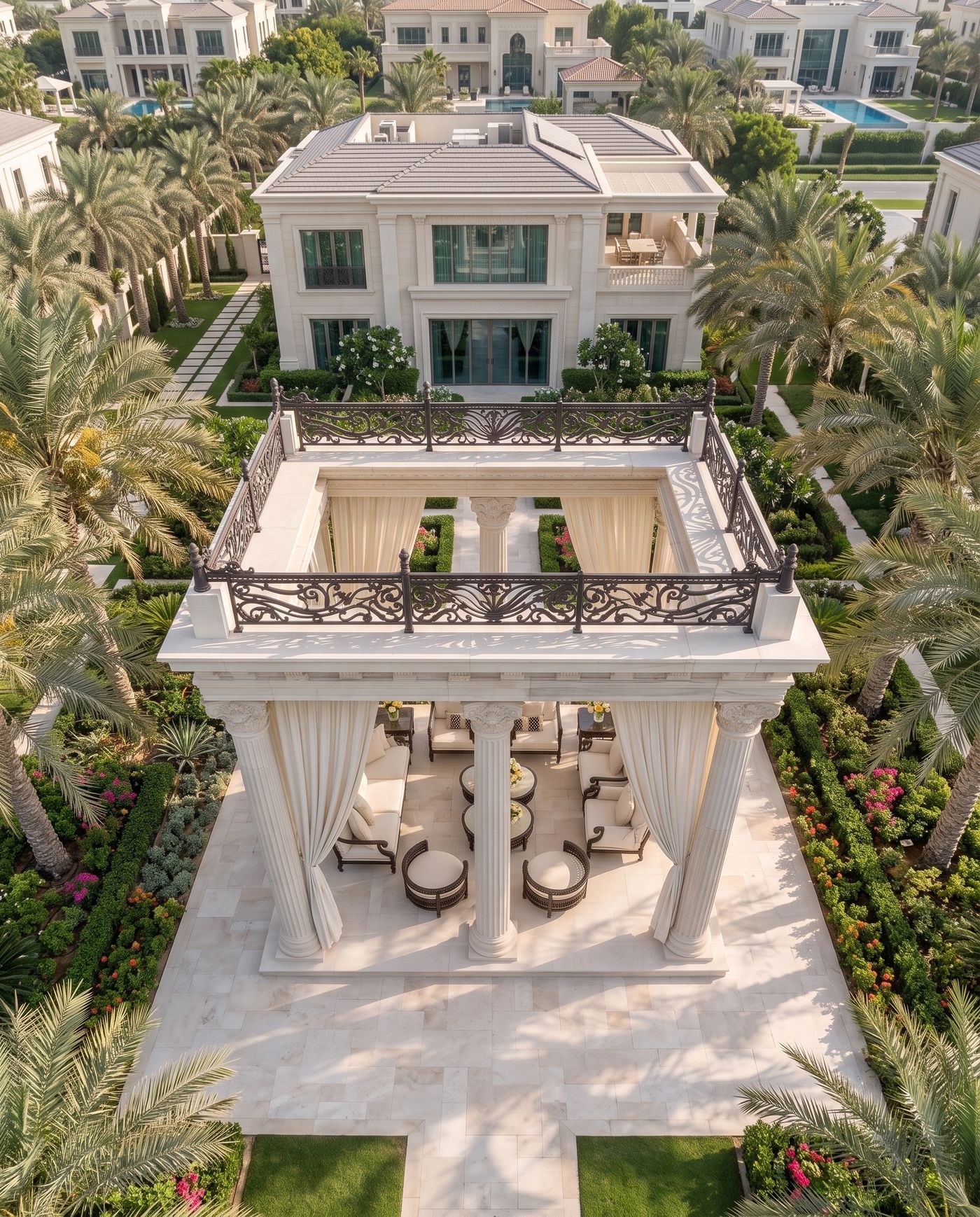 Aerial view of the pavilion and villa garden
