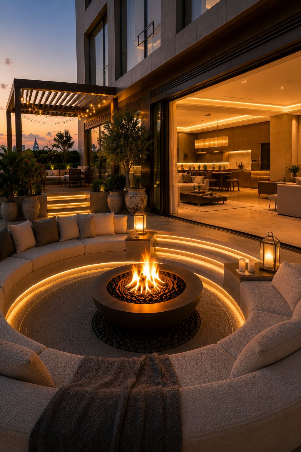 Fire bowl with lit steps and view into the living room
