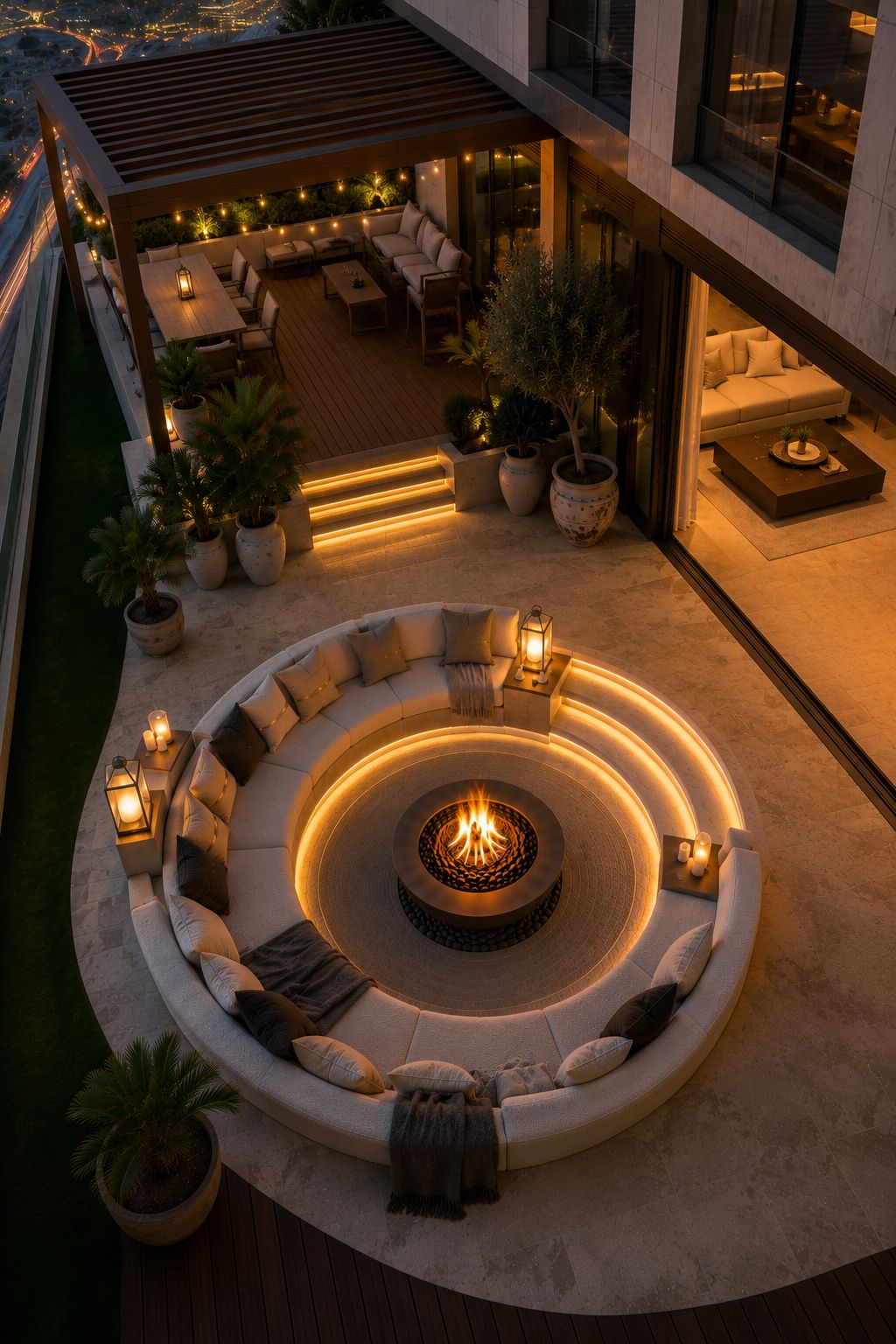 Top view of the circular lounge and timber deck