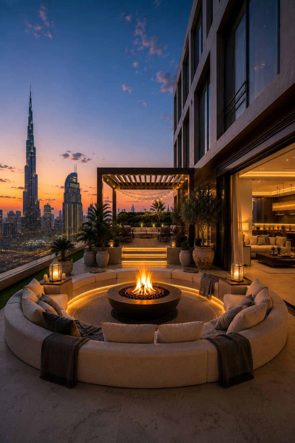 Sunken lounge, pergola and open glass wall to the penthouse